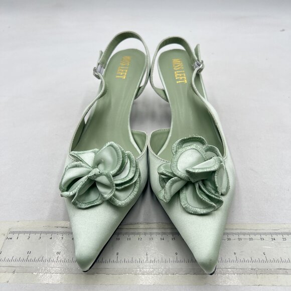 miss left Light Green Flower Pointed Toe Satin Slingback Slip on Low Heel Pumps - Picture 3 of 8